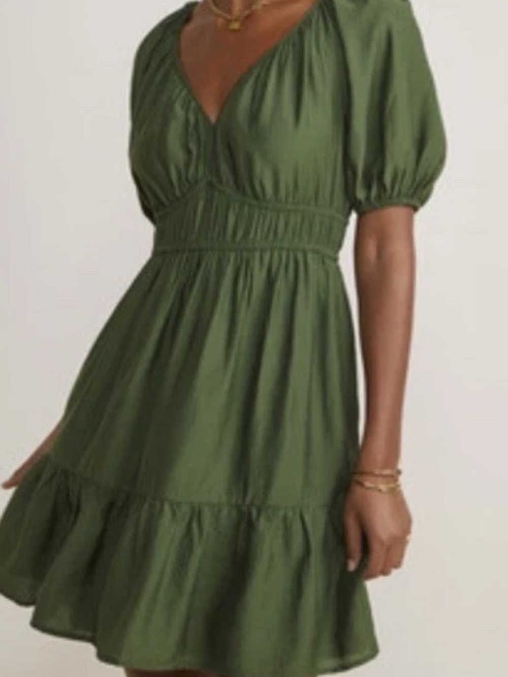 Vineyard Vines Marina Puff-Sleeve Mini Olive Green V-Neck Puff Sleeve Dress S